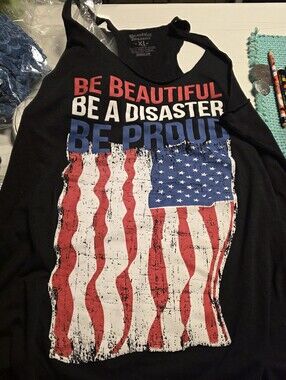 Beautiful Disaster Women’s Black Graphic Tank Top - Patriotic Flag Print